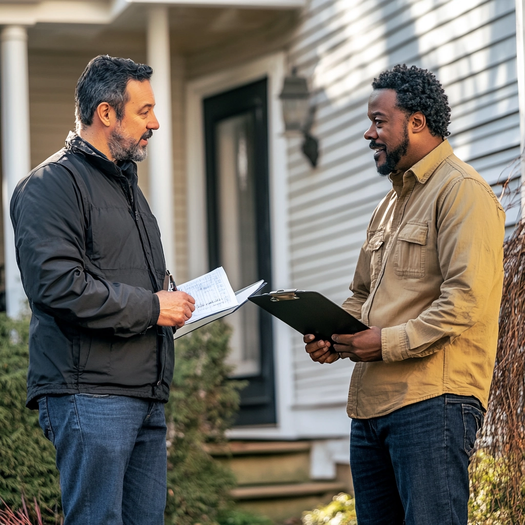 Man, professional adjuster in winter coat talking to a man who is a homeonwer in yellow jacket.